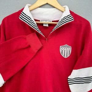 VTG Bonjour Rugby Pullover Sweatshirt Red Striped Long Sleeve SZ M 80s 3/4 Zip